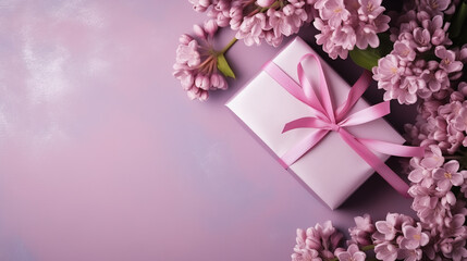  festive layout with flowers and a gift with ribbons on a pastel background. copy space. top view. flat lay. concept of mother's day, valentines day, eighth of march