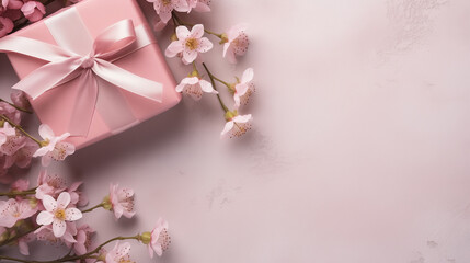  festive layout with flowers and a gift with ribbons on a pastel background. copy space. top view. flat lay. concept of mother's day, valentines day, eighth of march