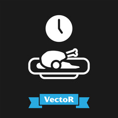 White Food time icon isolated on black background. Time to eat. Vector