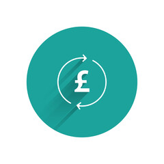 White Coin money with pound sterling symbol icon isolated with long shadow. Banking currency sign. Cash symbol. Green circle button. Vector