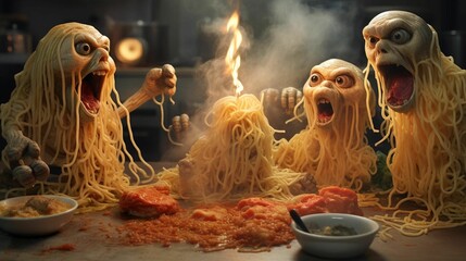 AI generated illustration of cartoon monsters gathered around a table, one eating spaghetti - obrazy, fototapety, plakaty