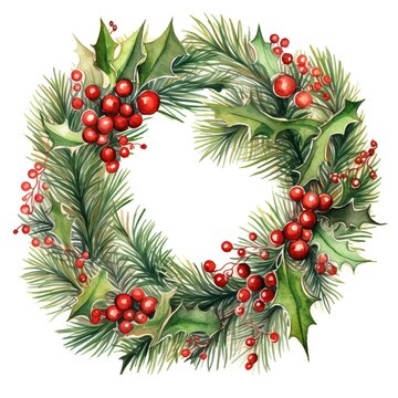 Christmas wreath of red berries and spruce branches. Watercolor illustration