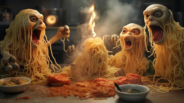 AI generated illustration of cartoon monsters gathered around a table, one eating spaghetti