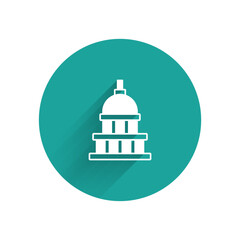 White White House icon isolated with long shadow background. Washington DC. Green circle button. Vector