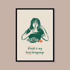 Minimalist hand drawn woman silhouette with food vector print poster. Art for postcards, branding, logo design, background.