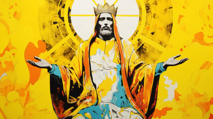Jesus Christ king of kings. Male holy saint, orthodox iconography. Pop art illustration.