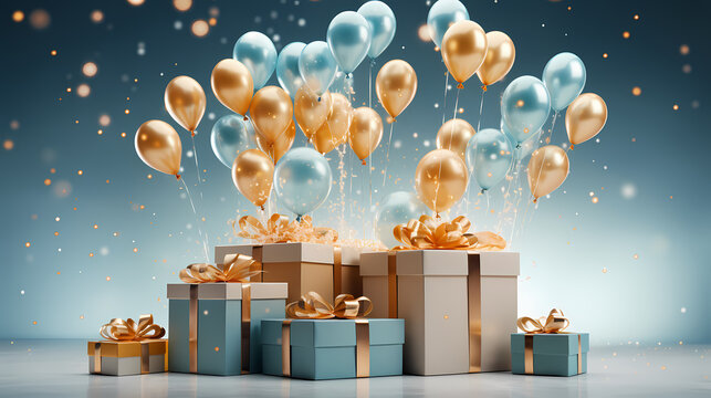 Balloon And Gift Box For Christmas Blue Theme