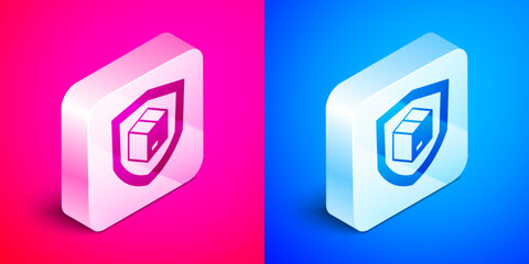 Fototapeta premium Isometric Delivery security with shield icon isolated on pink and blue background. Delivery insurance. Insured cardboard boxes beyond the shield. Silver square button. Vector