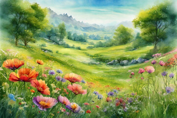 
Beautiful Snow-covered hills in the distance view landscape with sky, clouds and colorfull digital  painting, Beautiful field of tulips 
growing on the slope.
 - obrazy, fototapety, plakaty