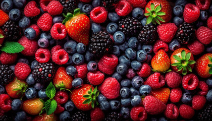 Juicy berry dessert a sweet, organic summer refreshment with antioxidants generated by AI - obrazy, fototapety, plakaty