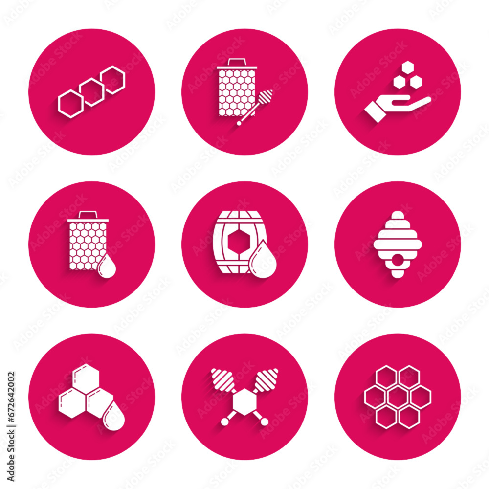 Sticker Set Wooden barrel with honey, Honey dipper stick, Honeycomb, Hive for bees, and hand and icon. Vector