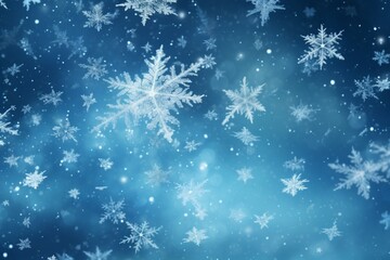 Shining clear icy snowflakes flying in the sky, minimalistic winter wallpaper