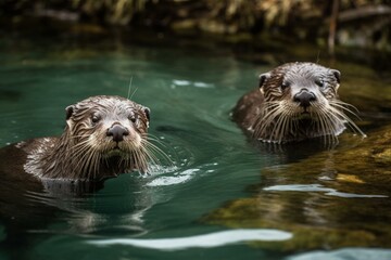Two young otters swimming. Generative AI