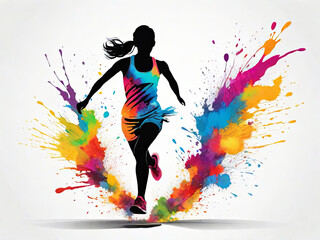 Watercolor painting of a girl or woman running through rainbow colors splashing. 