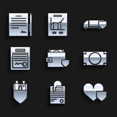 Set Wallet and money with shield, File document paper clip, Heart, Stacks cash, Family insurance, Filled form, Delivery cargo truck and Contract pen icon. Vector