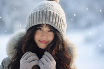Beautiful young japanese woman outdoors in winter snowfall. Dressed in warm winter clothes. Selective focus, shallow depth of field, bokeh background.