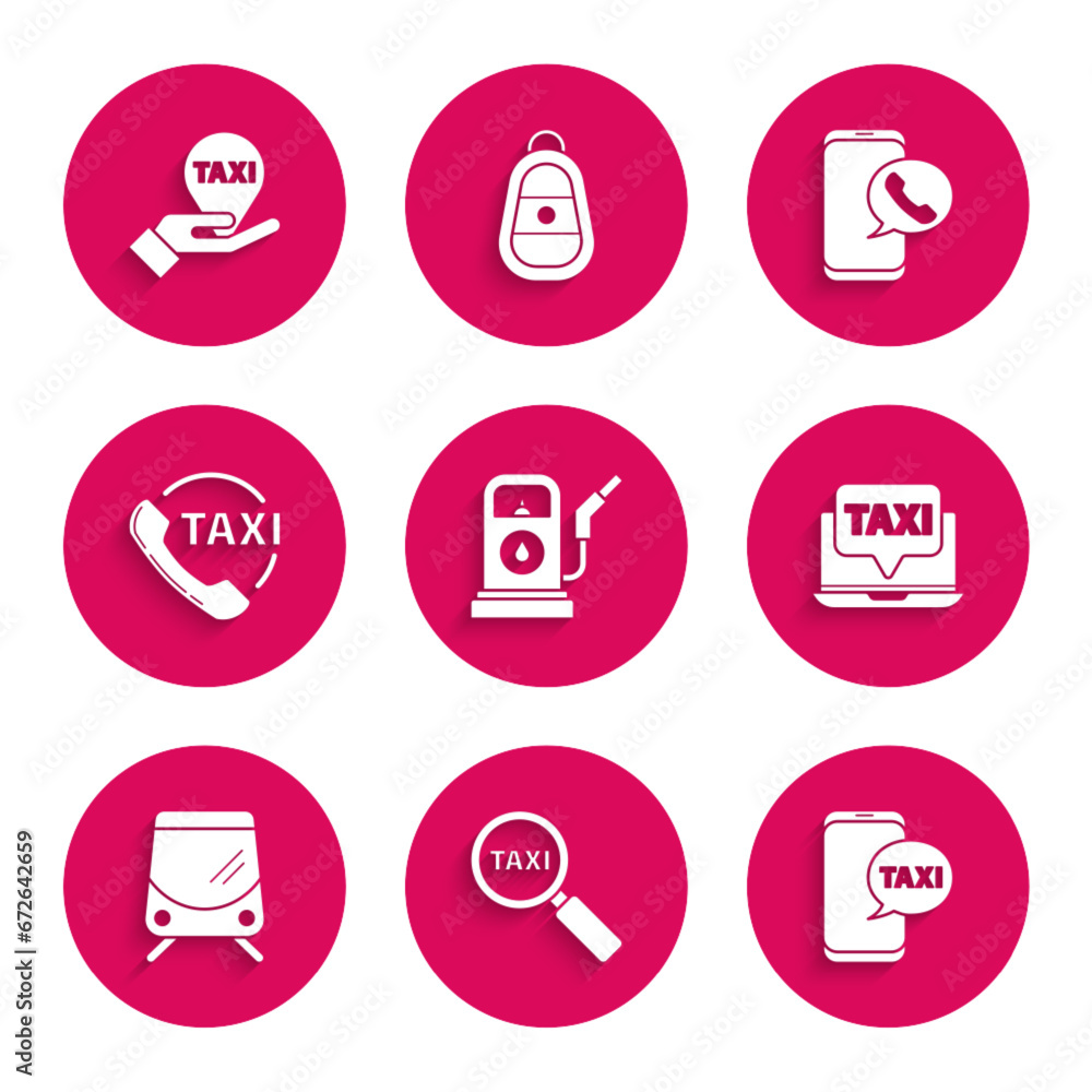 Sticker Set Petrol or Gas station, Magnifying glass and taxi car, Taxi call telephone service, Laptop, Tram railway, and Hand map pointer with icon. Vector