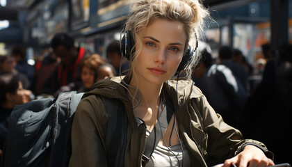 Fototapeta premium Young women in casual clothing, sitting indoors, listening to headphones generated by AI