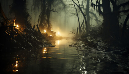 Obraz premium Mysterious autumn forest, dark and spooky, tranquil scene at dusk generated by AI