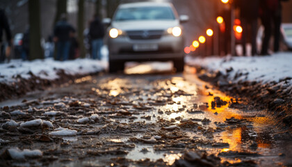 Driving through the city at night, snow covered streets blur by generated by AI