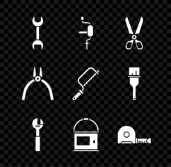 Set Wrench spanner, Hand drill, Scissors, Adjustable wrench, Paint bucket, Roulette construction, Pliers tool and Hacksaw icon. Vector