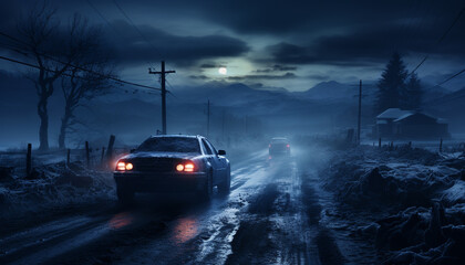 Car speeds through dark night, foggy landscape, on wet asphalt generated by AI - obrazy, fototapety, plakaty
