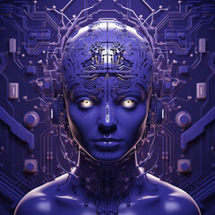 A robotic body, Head is in the background with links and circles, in the style of futuristic robots, light violet and dark navy, focus on materials, metallic surfaces