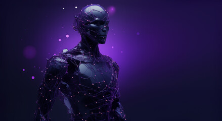 Fototapeta na wymiar A robotic body, Head is in the background with links and circles, in the style of futuristic robots, light violet and dark navy, focus on materials, metallic surfaces