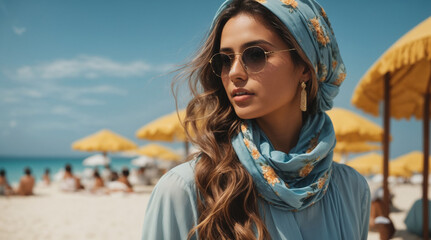 Photo of cool pretty lady relax summer vacation trip wear head scarf protect from summer over blue background.