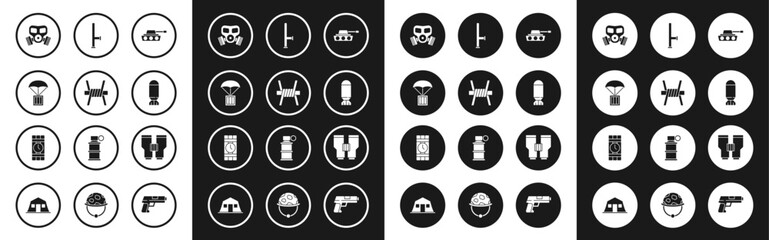 Set Military tank, Barbed wire, Airdrop box, Gas mask, Aviation bomb, Police rubber baton, Binoculars and Dynamite and timer clock icon. Vector