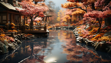 Autumn beauty reflected in tranquil pond, nature serene masterpiece generated by AI