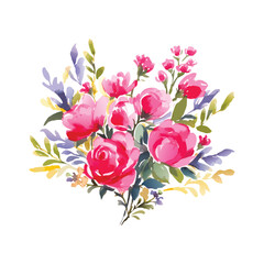 Watercolor wild pink flowers bouquet, isolated. Abstract spring wild flowers, grass, leaf branch, floral leaves in minimal style.
