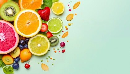 Landing page for natural vitamins and ripe fruits on pastel green background.