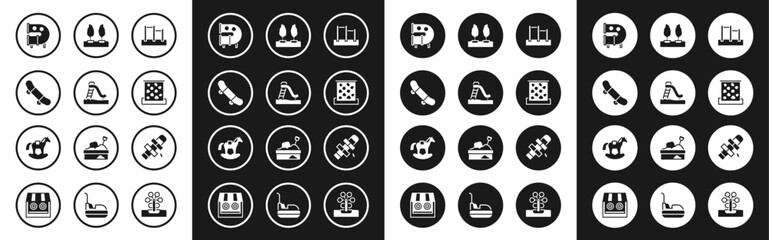 Set Horizontal bar, Kid slide, Skateboard trick, playground pipe, Climbing wall, Forest, Hopscotch and Horse saddle swing icon. Vector