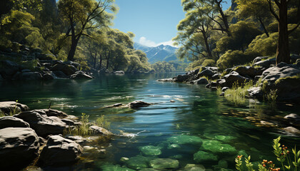 Fototapeta na wymiar Tranquil scene nature beauty reflected in a flowing mountain stream generated by AI
