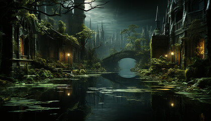 Spooky night, dark forest, foggy landscape, old ruin, eerie reflection generated by AI
