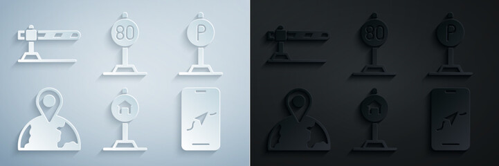 Set Hotel sign for traffic, Parking, Location on the globe, City map navigation, Speed limit and car barrier icon. Vector © Oksana