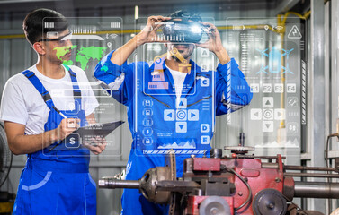 Professional engineer technician worker industrial man wearing blue safety uniform working control using glasses of technology virtual reality headset in factory.business and VR technology industry