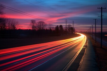 Fototapeta na wymiar Illuminated streaks along road during dusk. Generative AI