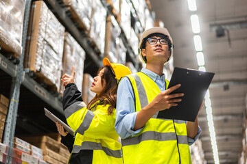 Asian two engineer team shipping order detail on tablet check goods and supplies on shelves with goods background inventory in factory warehouse.logistic industry and business export