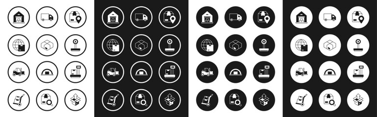 Set Location with cardboard box, Carton, Worldwide shipping, Warehouse, Scale, Delivery cargo truck, and Forklift icon. Vector