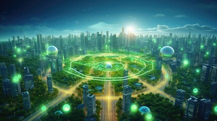 Futuristic city with network connection concept. 3D Rendering, Ai generative