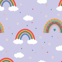 Zelfklevend Fotobehang vector cute rainbow pattern with flowers and clouds © miamixart