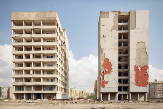 Deteriorated communist housing towers representing Eastern Europe's economic transition. Generative AI