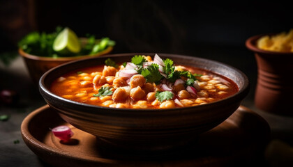 A homemade vegetarian stew with fresh organic ingredients and spices generated by AI