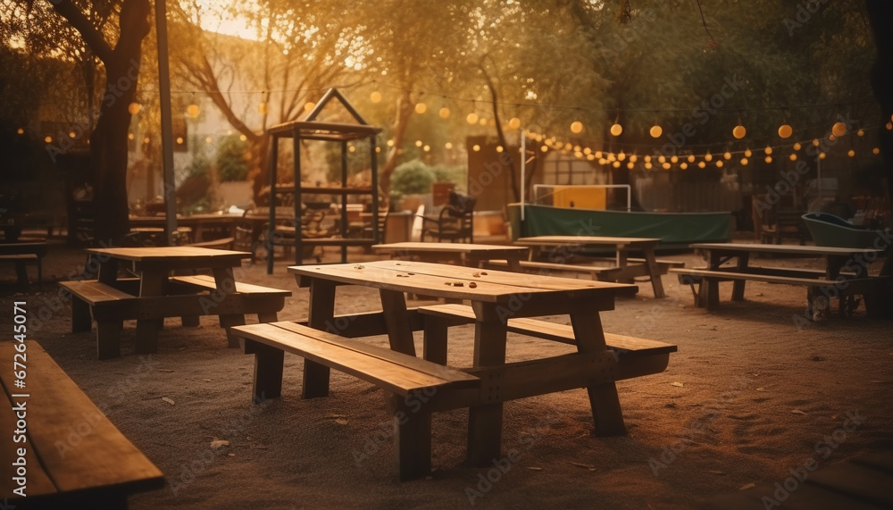 Poster a rustic wooden bench illuminated by lanterns in the forest generated by ai