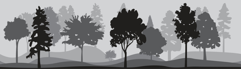 Obraz premium Colorful Forest, park, alley. Landscape of isolated tropical trees in gray shades. Silhouette vector.