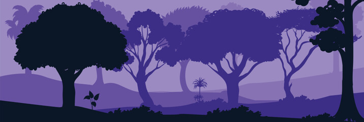 trees, park, alley. Landscape of isolated trees in various shades of purple. Silhouette vector.