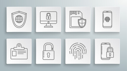 Set line Identification badge, Lock computer monitor screen, Open padlock, Fingerprint, Smartphone with closed, SD card and shield, fingerprint scanner and Shield world globe icon. Vector