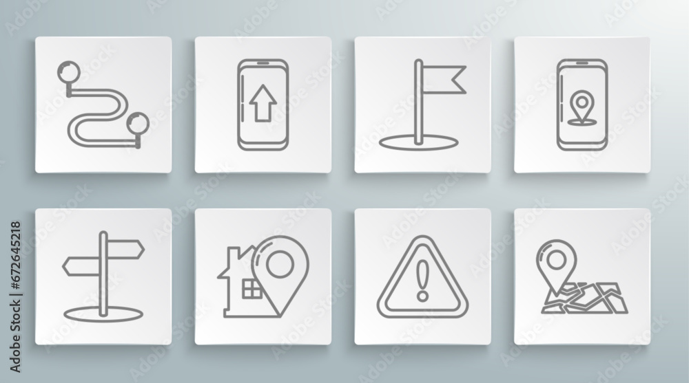 Poster set line road traffic sign, infographic of city map navigation, map pointer with house, exclamation 